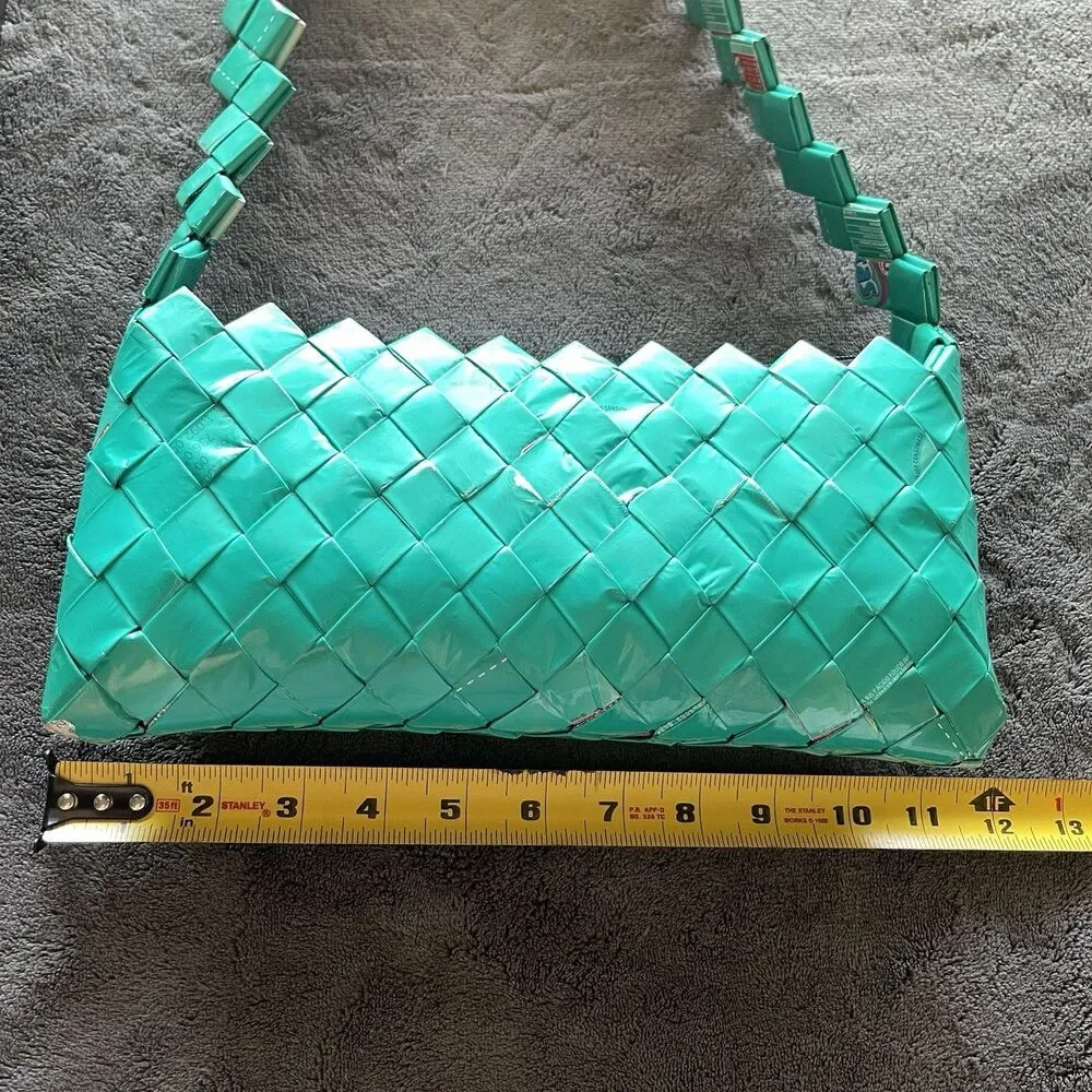 VTG Handmade Upcycled Bimbo Wrapper Woven Shoulder Bag Turquoise Wearable Art